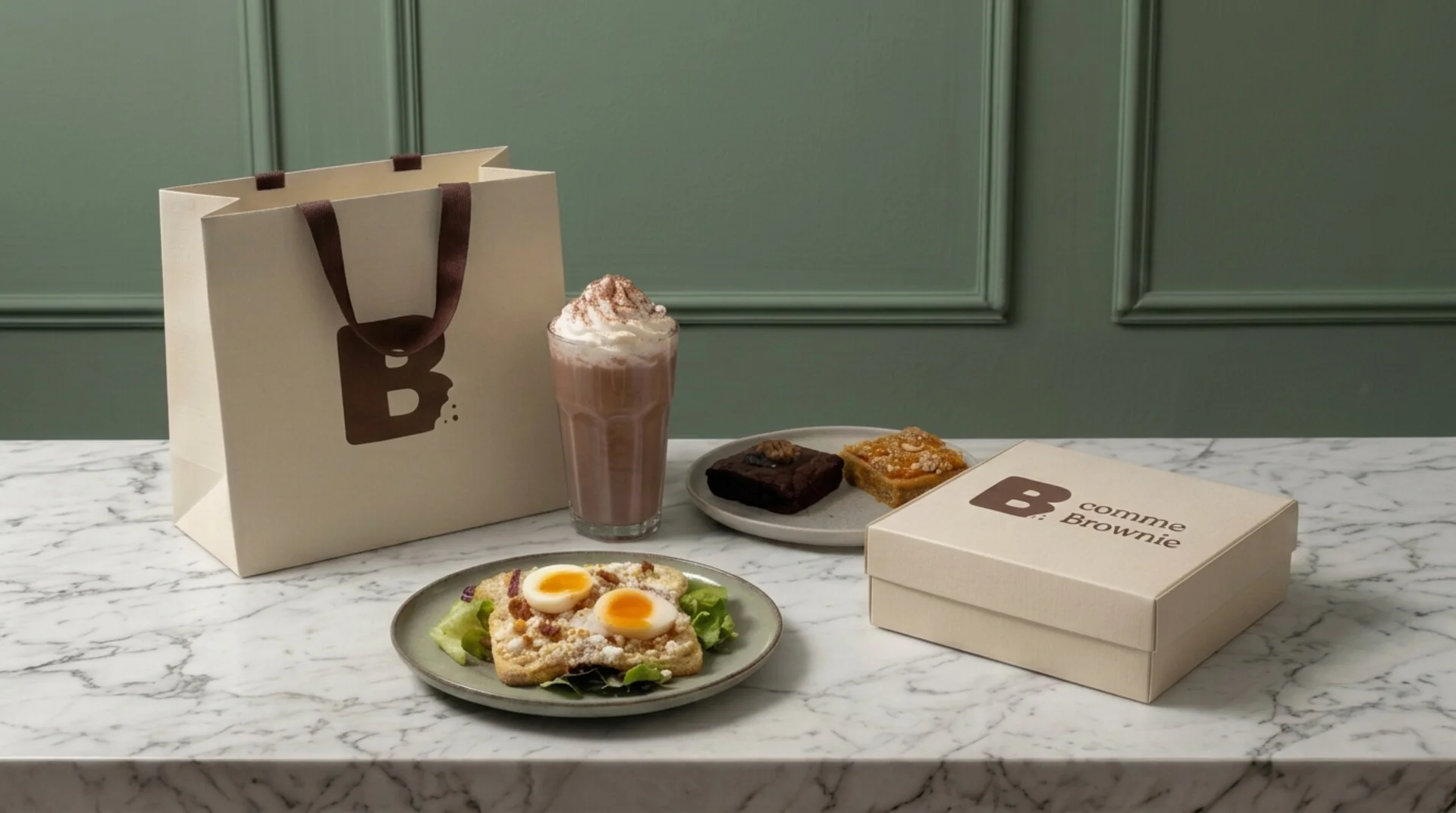 Sélection B comme Brownie : sac, brownie, milkshake et brownie box sur marbre