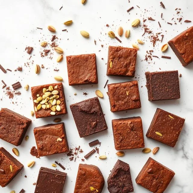 Brownie au chocolat noir saupoudré de noix de pécan dans une boîte B comme Brownie